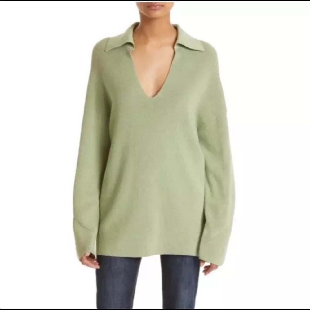 Rag & Bone Amy Knit Relaxed V-Neck Polo Tunic Sweater in Light Green siz…